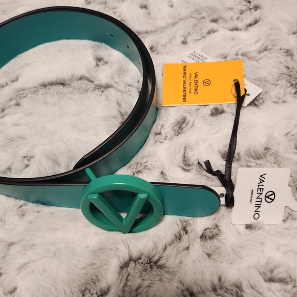 Mario Valentino XL Teal Logo Buckle Belt – Bold Designer Statement Piece